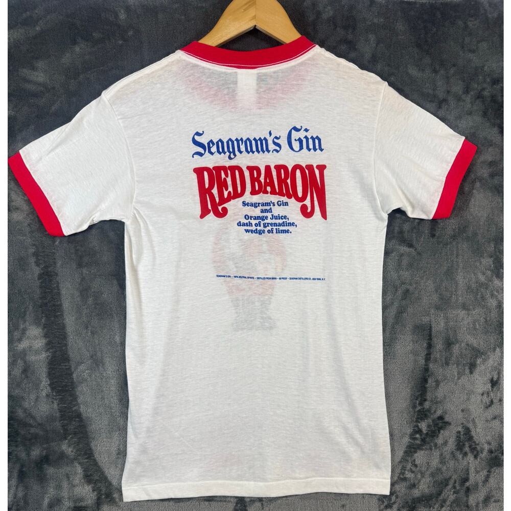 Nos Vtg 70s Ched Seagram’s Gin Red Barron Promotional Ringer T Shirt Med Wht/Red View 2